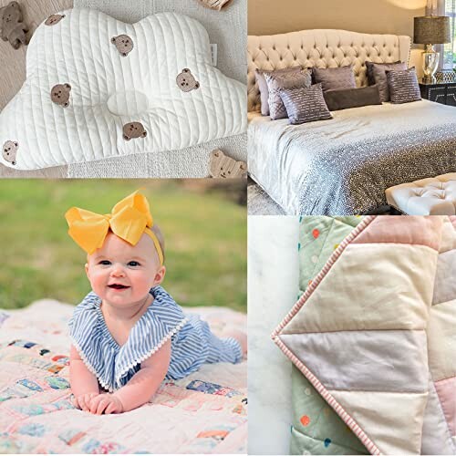 Collage of a baby pillow, bedroom, baby on quilt, and colorful quilt.