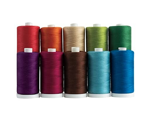 Ten spools of colorful sewing thread in various shades.