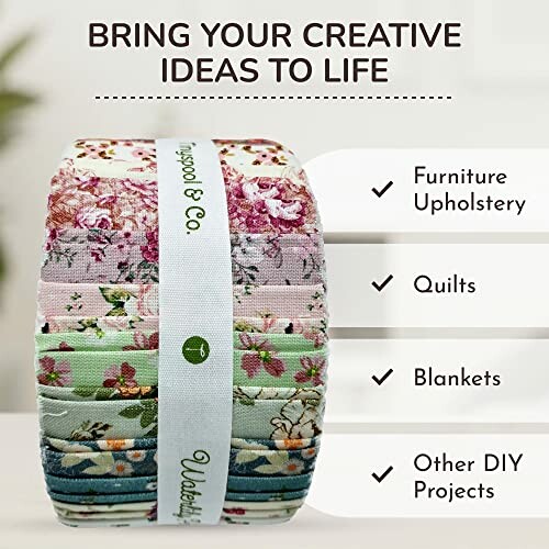 Stack of floral fabric bundles for creative projects like upholstery and quilts