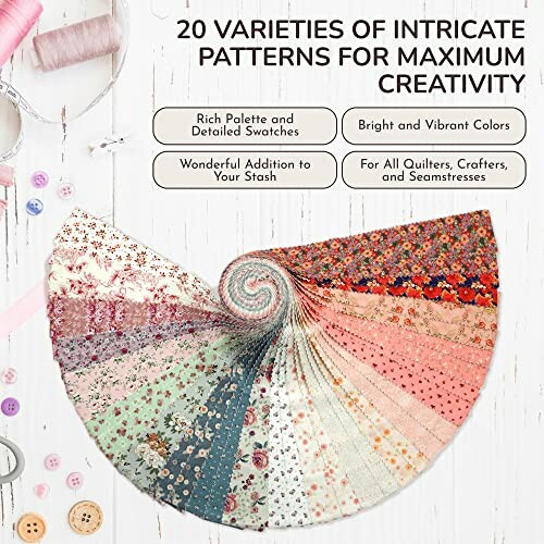 Spiral display of 20 fabric patterns in various colors for quilting and crafting