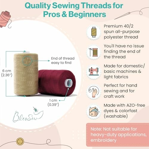 Two spools of sewing thread with features listed for pros and beginners.