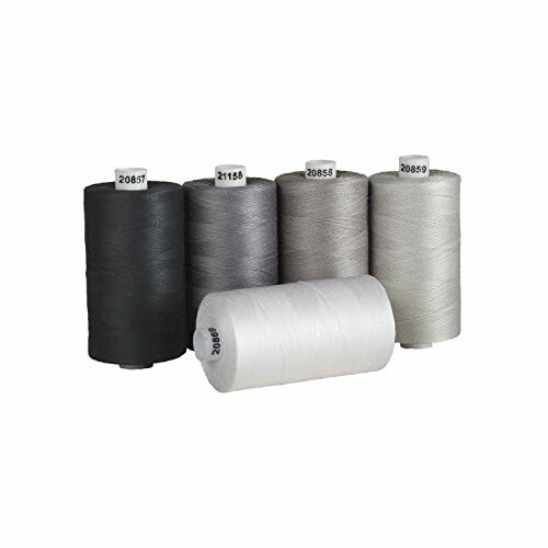 Five spools of sewing thread in various shades of gray and white.